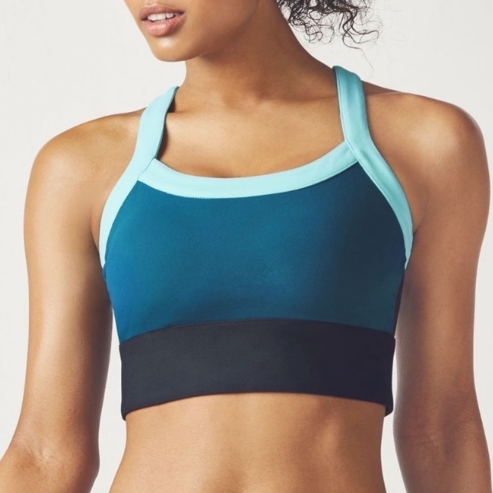 Fabletics Robyn High Support Sports Bra No Wire Teal Black Athletic Gym